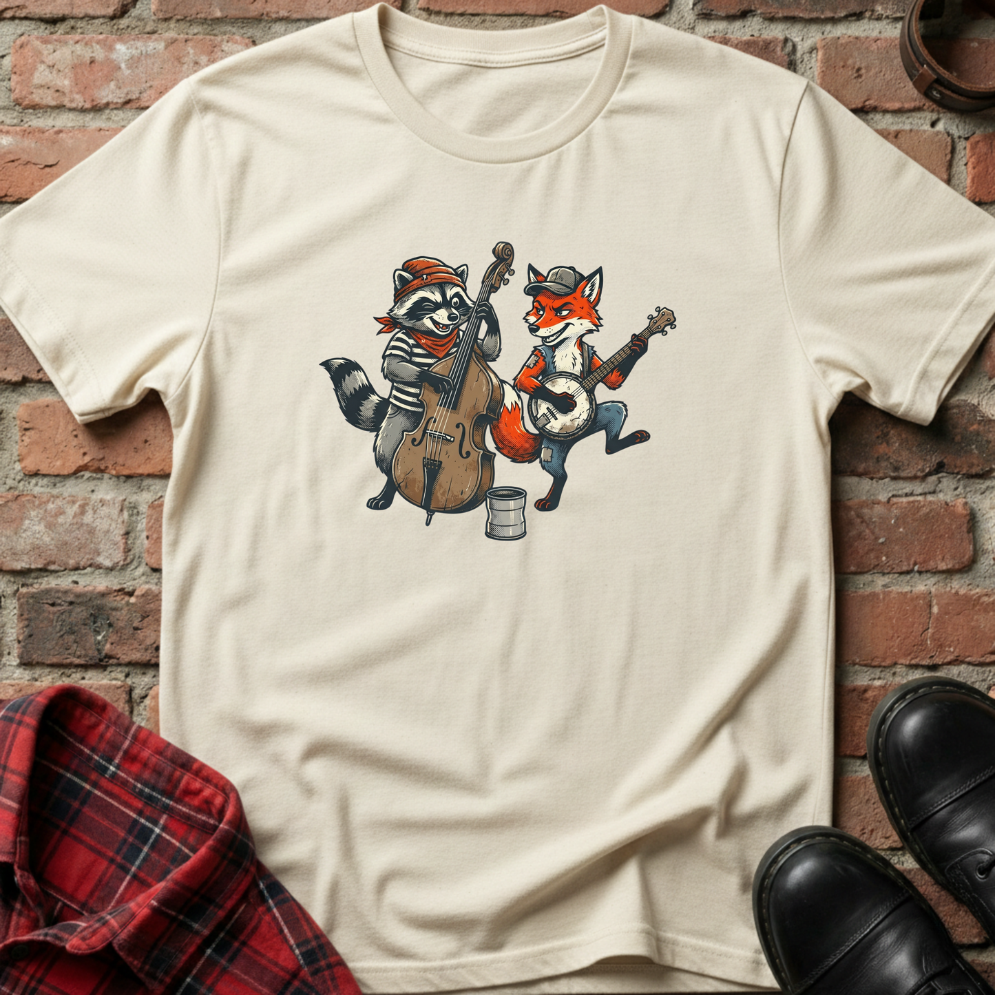 Beige t-shirt with raccoon and fox playing instruments on a brick wall background. Minimalist music apparel by pemuyo.