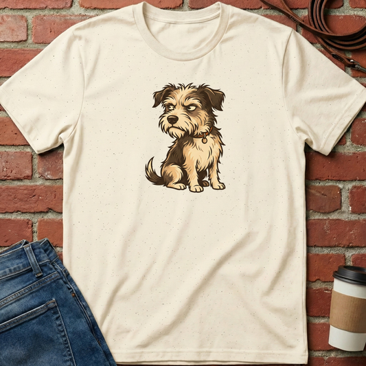Beige t-shirt with a dog graphic on a brick wall background. Minimalist dog apparel by pemuyo.