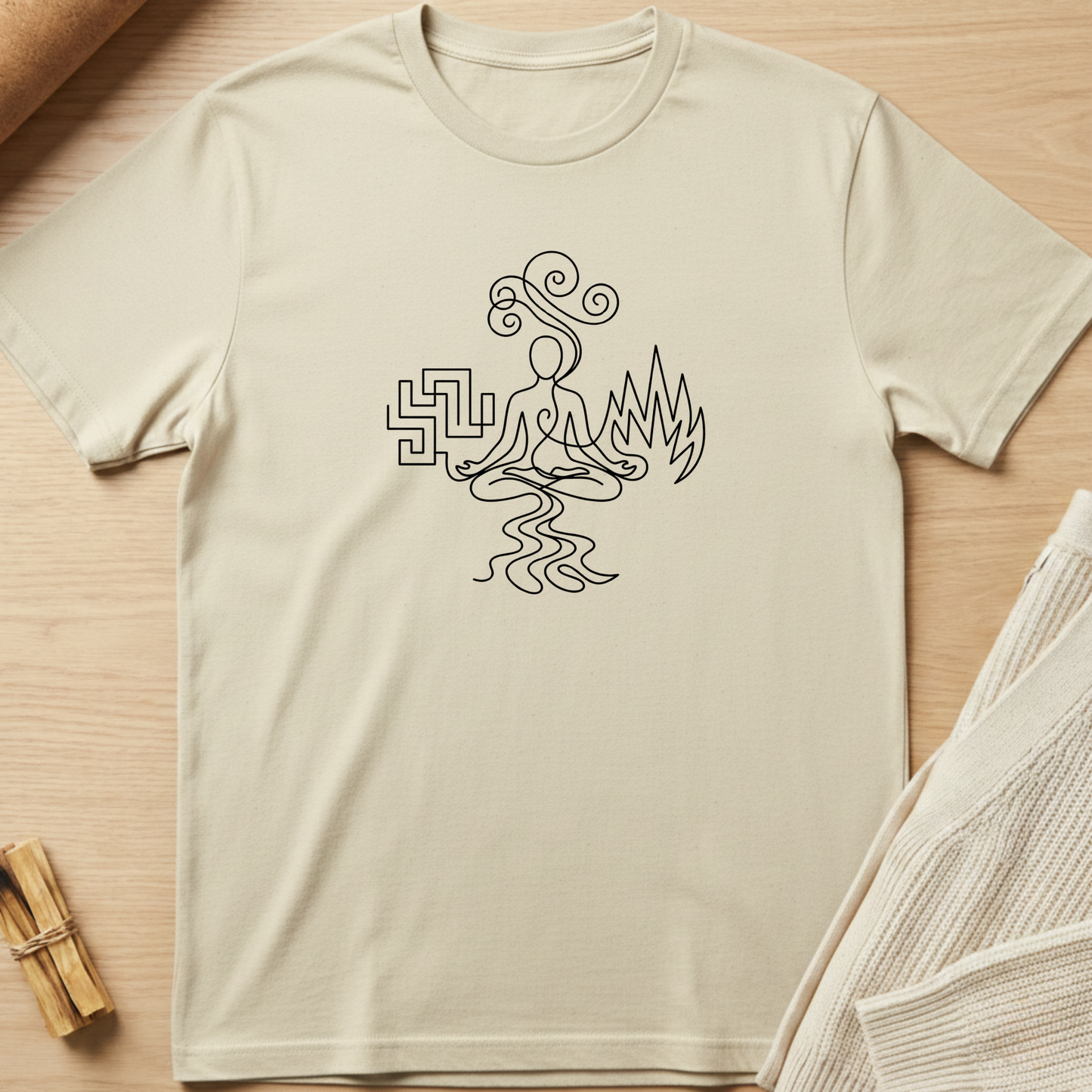 Beige t-shirt with a black abstract design on a wooden surface. Minimalist yoga apparel by pemuyo.