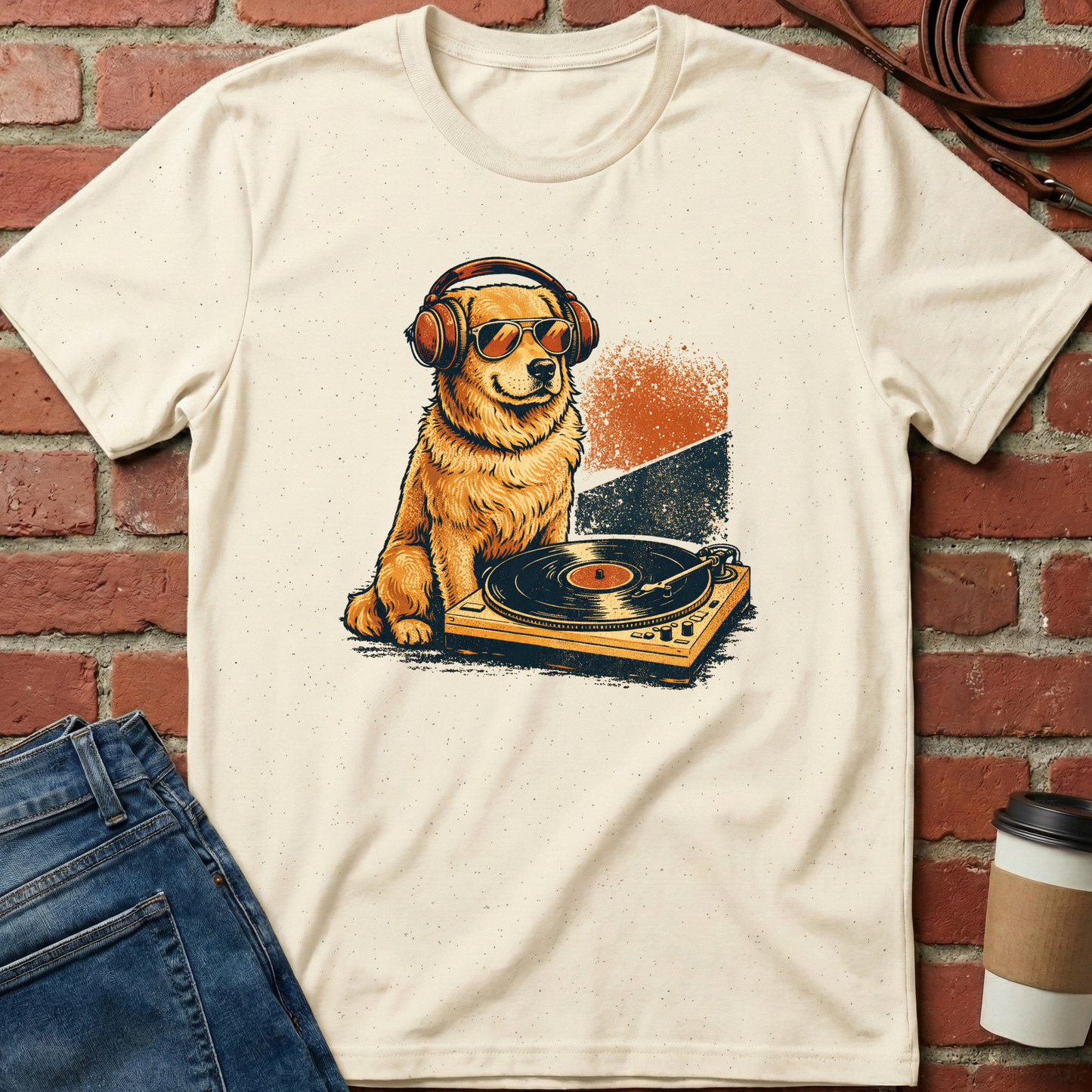 Beige t-shirt with a graphic of a dog wearing headphones and sunglasses on a turntable against a brick wall. Minimalist dog apparel by pemuyo.