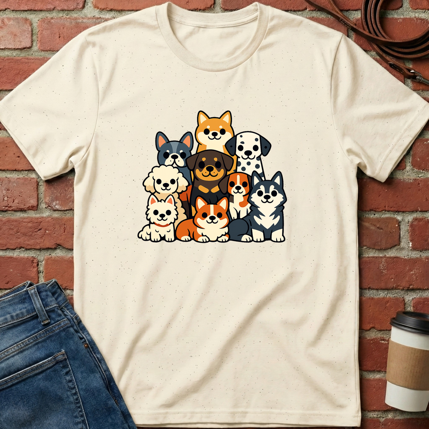 Beige t-shirt with cartoon dogs design against a brick wall. Minimalist dog apparel by pemuyo.