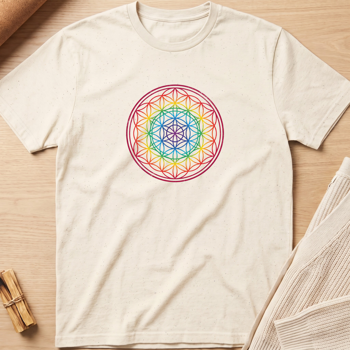 An off-white short-sleeve t-shirt with a colorful geometric flower design printed on the chest, laid flat on a light wood background with neutral props. Minimalist yoga apparel by pemuyo.