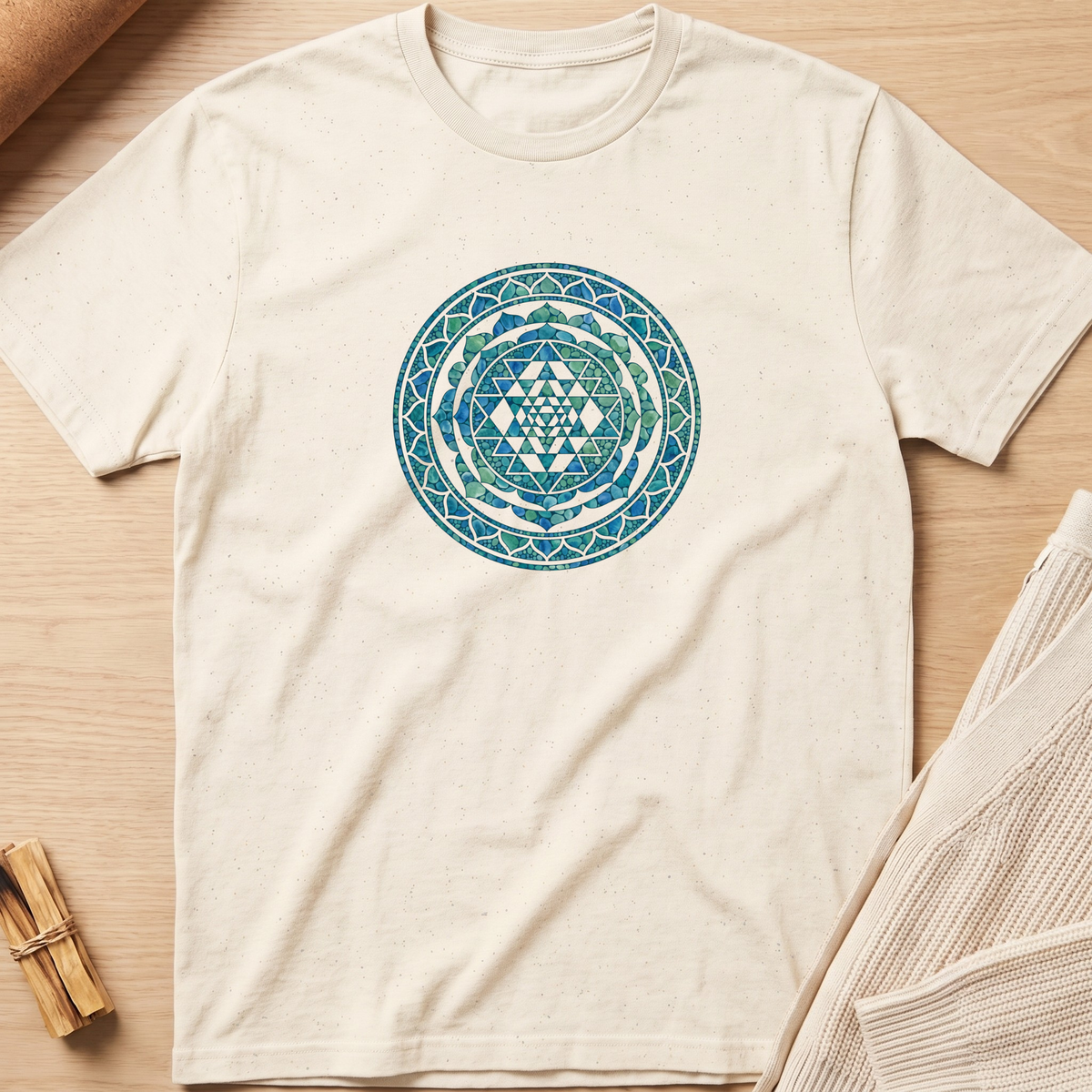 An off-white short-sleeve t-shirt with a blue and green geometric Sri Mandala print on the chest, laid flat on a light wood background with styled props. Minimalist yoga apparel by pemuyo.