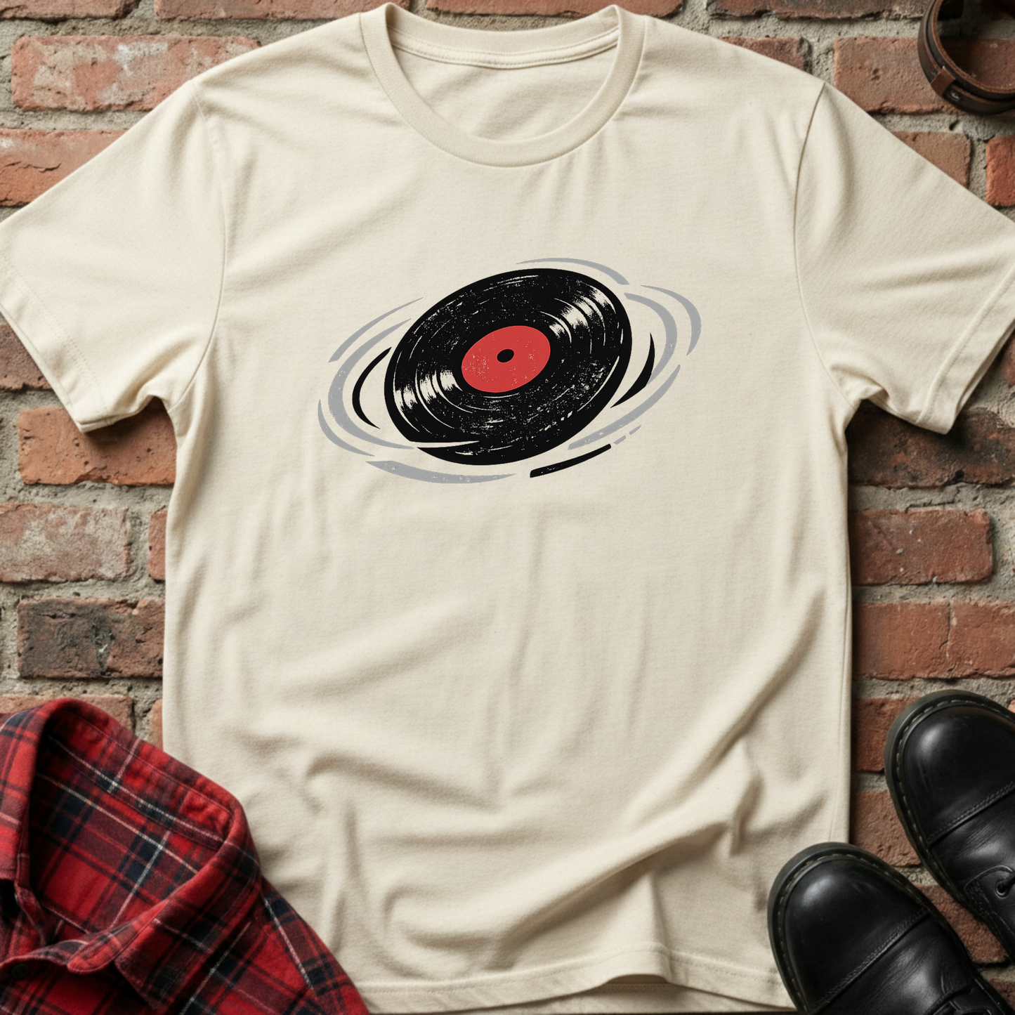 Beige t-shirt with vinyl record design on a brick wall background. Minimalist music apparel by pemuyo.