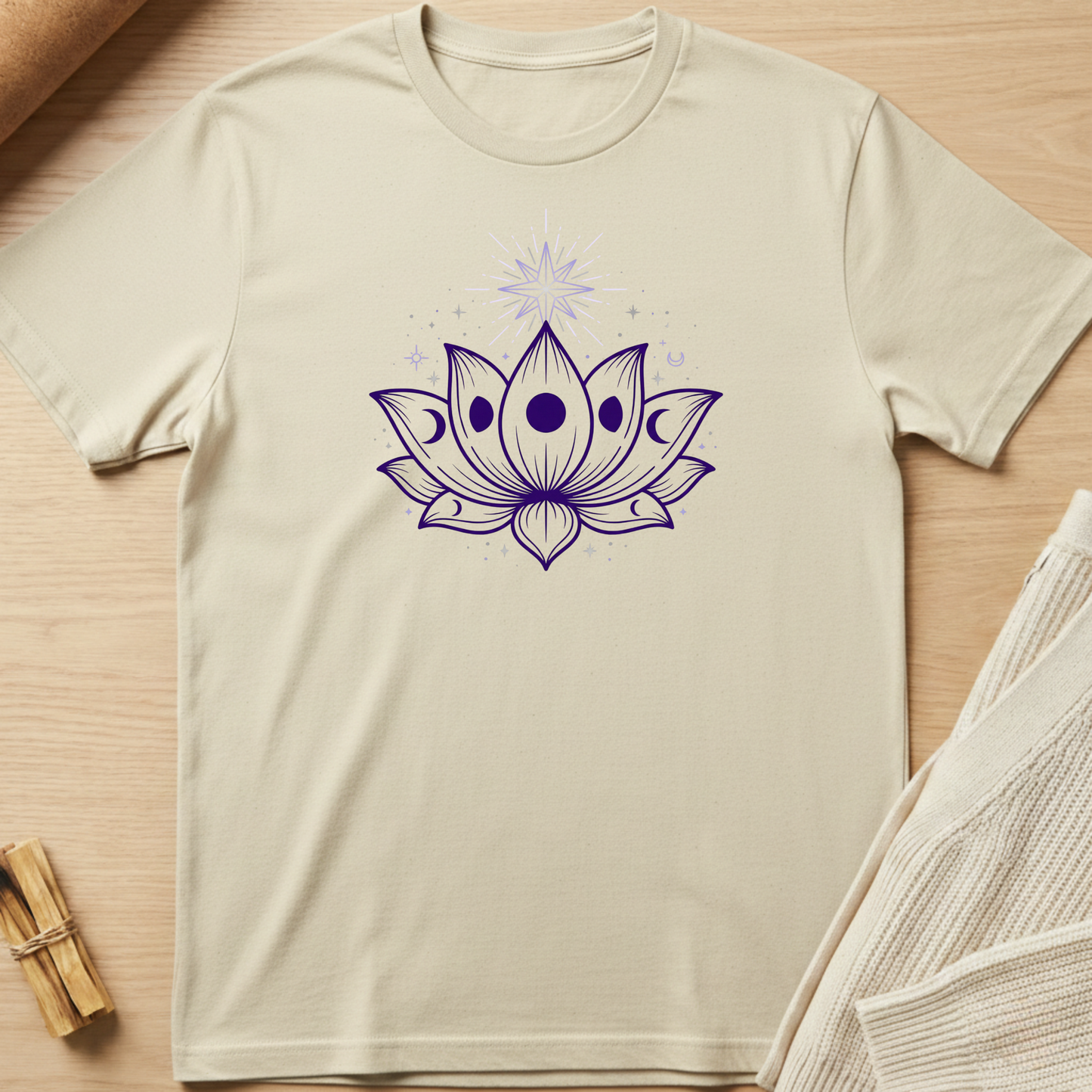 Beige t-shirt with a purple lotus flower design on a wooden surface. Minimalist yoga apparel by pemuyo.