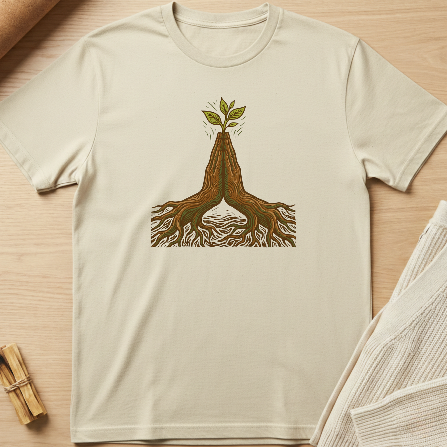 Beige t-shirt with a graphic of roots and a plant on a wooden surface. Minimalist yoga apparel by pemuyo.