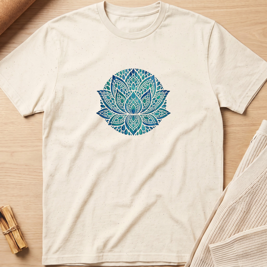 An off-white short-sleeve t-shirt with a blue and teal mandala lotus print on the chest, laid flat on a light wood background with neutral props. Minimalist yoga apparel by pemuyo.
