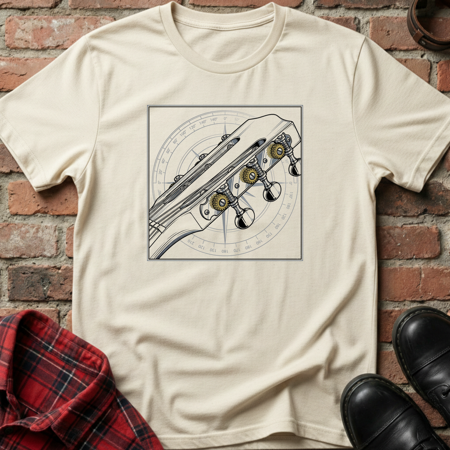 Beige t-shirt with a guitar headstock design on a brick wall backgroundguitar-detailed-headstock-t-shirt