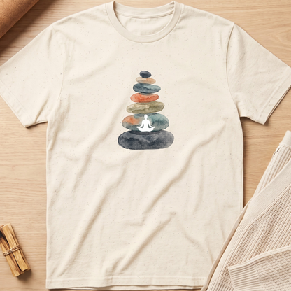 An off-white short-sleeve t-shirt with a watercolor graphic of stacked meditation stones and a white lotus flower, laid flat on a light wood background. Minimalist yoga apparel by pemuyo.