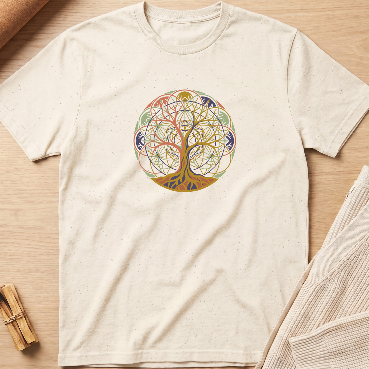 An off-white short-sleeve t-shirt with a colorful circular tree of life graphic printed on the chest, laid flat on a light wood background with neutral props. Minimalist yoga apparel by pemuyo.