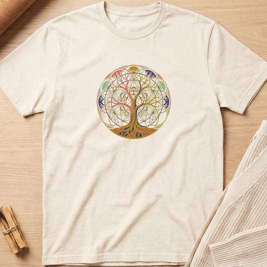 An off-white short-sleeve t-shirt with a colorful circular tree of life graphic printed on the chest, laid flat on a light wood background with neutral props. Minimalist yoga apparel by pemuyo.