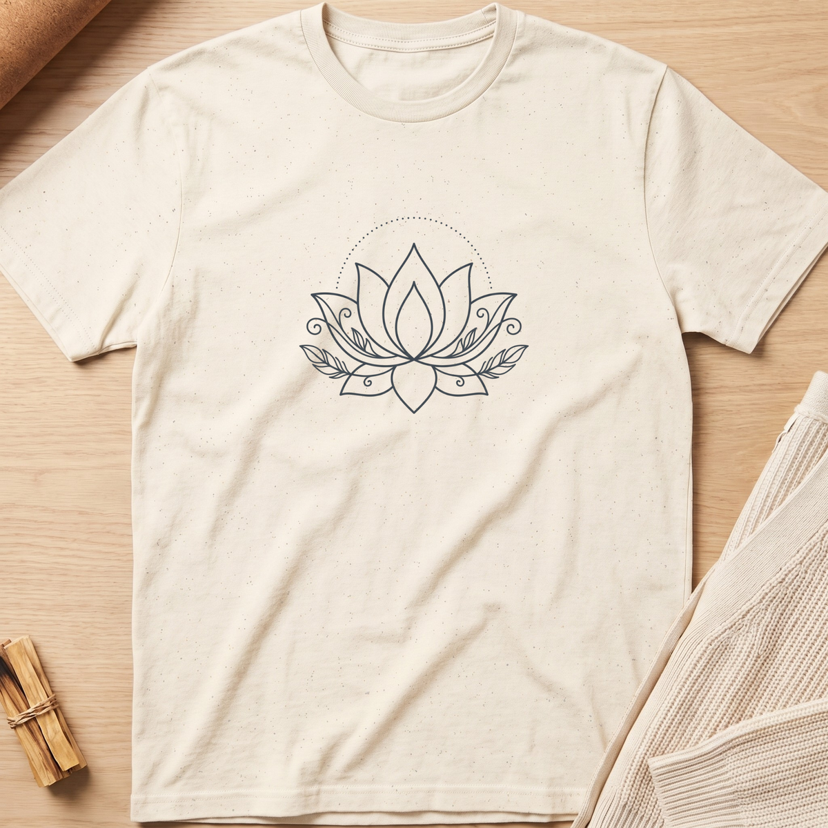 An off-white short-sleeve t-shirt with a dark gray line art lotus flower graphic on the chest, laid flat on a light wood background with neutral props. Minimalist yoga apparel by pemuyo.