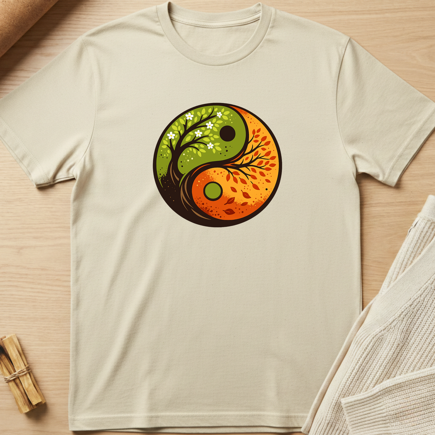 Beige t-shirt with a yin yang design featuring nature elements on a wooden surface. Minimalist yoga apparel by pemuyo.