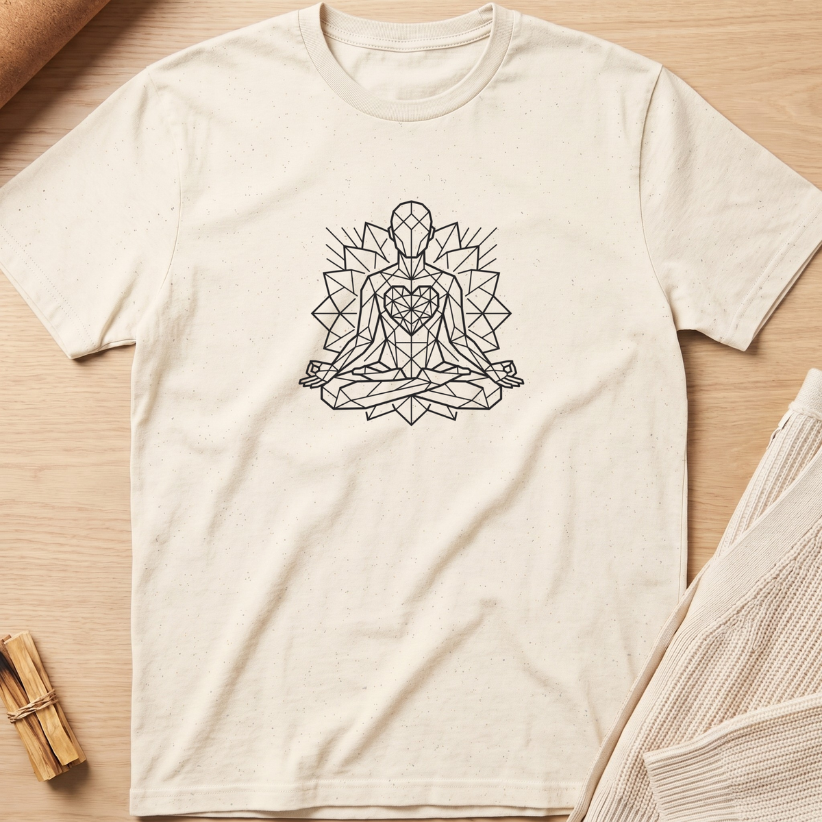 An off-white short-sleeve t-shirt with a black geometric line art graphic of a meditating figure, laid flat on a light wood background with neutral props. Minimalist yoga apparel by pemuyo.