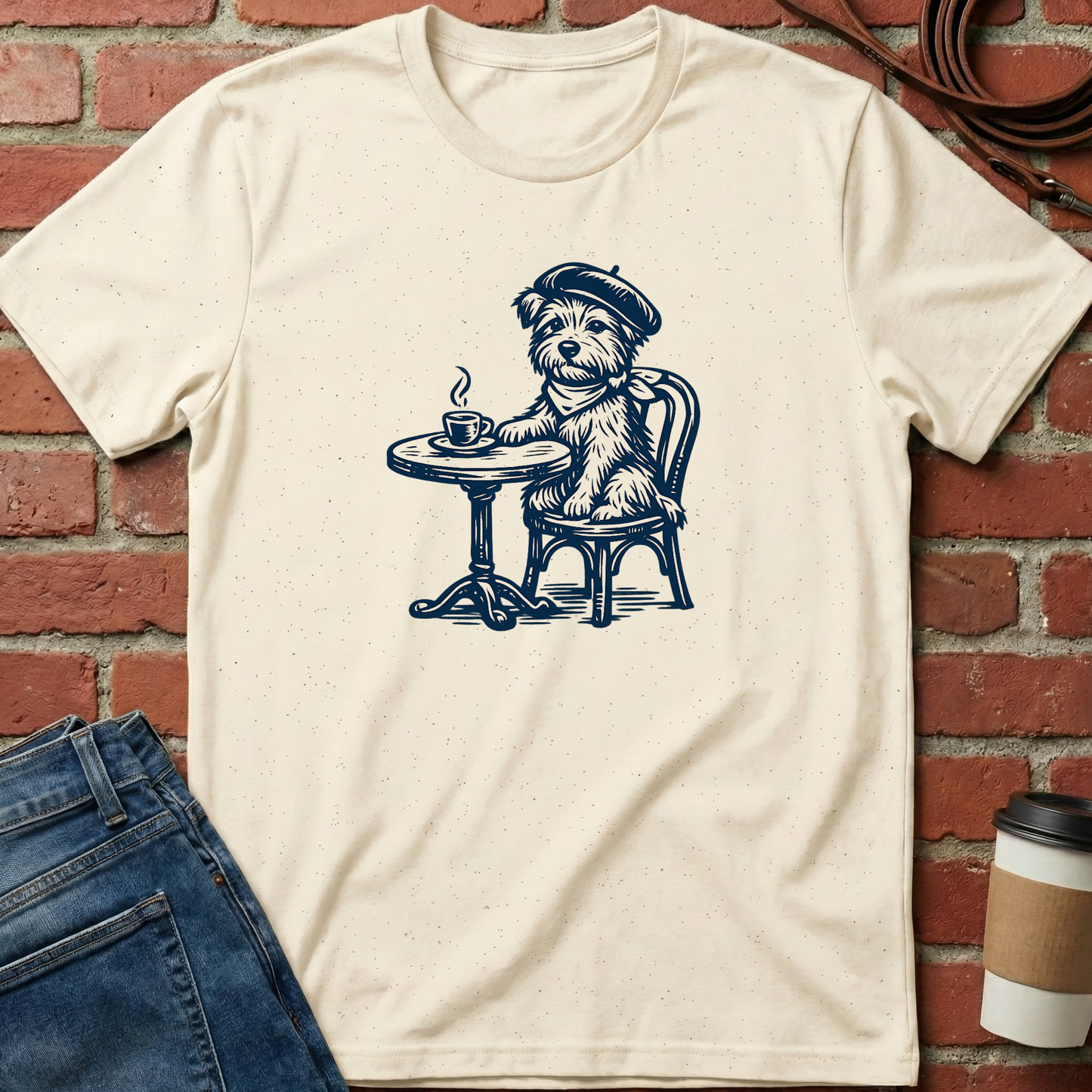 Beige t-shirt with a dog illustration sitting at a table, leaning against a brick wall. Minimalist dog apparel by pemuyo.