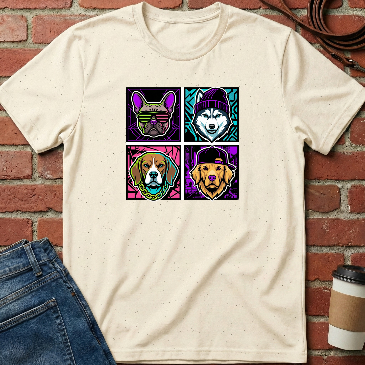 Beige t-shirt with colorful dog illustrations on a brick wall background. Minimalist dog apparel by pemuyo.