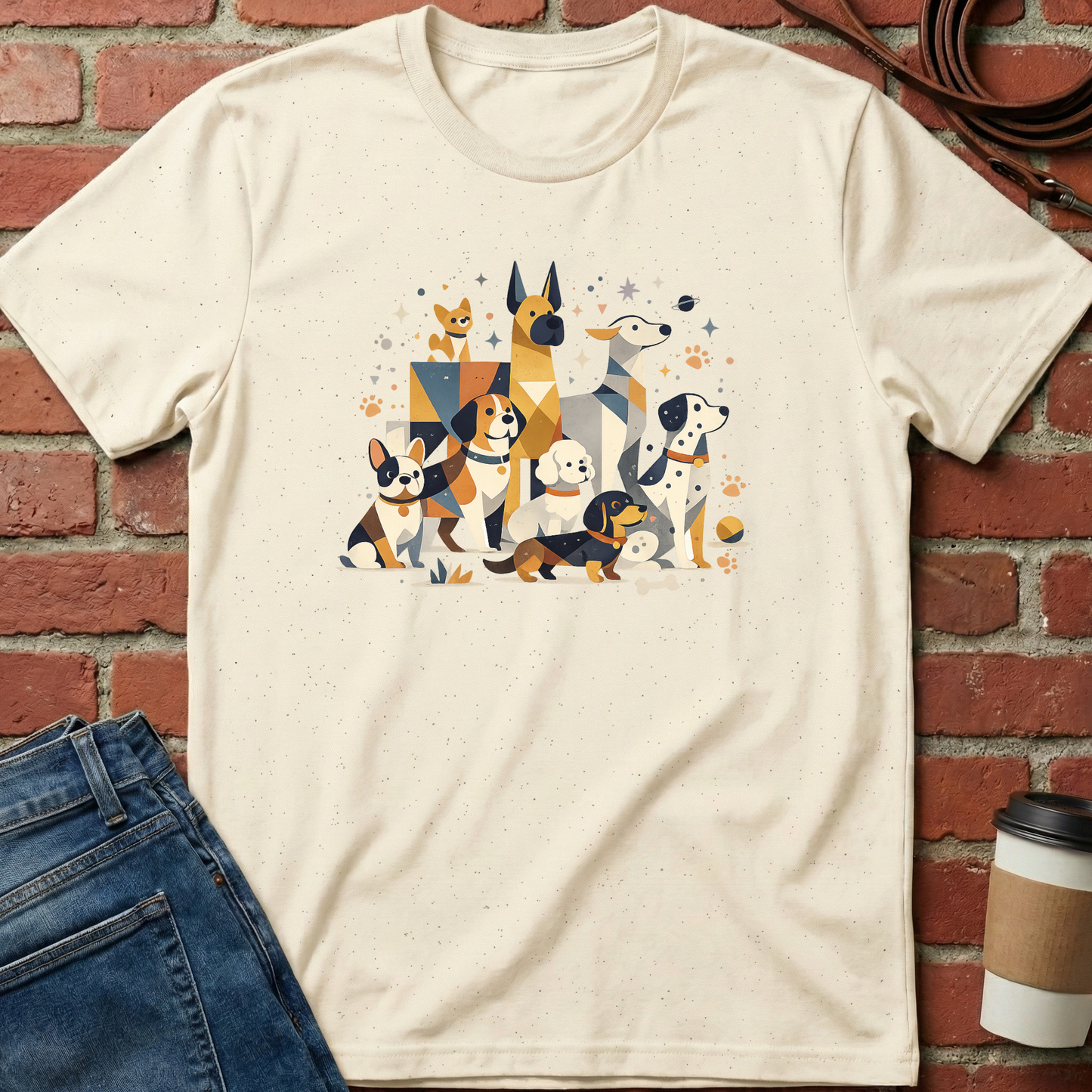 Beige t-shirt with dog illustration on a brick wall background. Minimalist dog apparel by pemuyo.