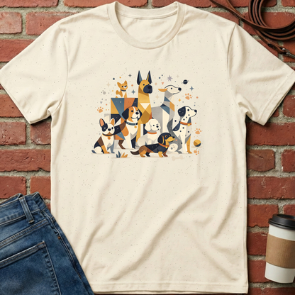 Beige t-shirt with dog illustration on a brick wall background. Minimalist dog apparel by pemuyo.