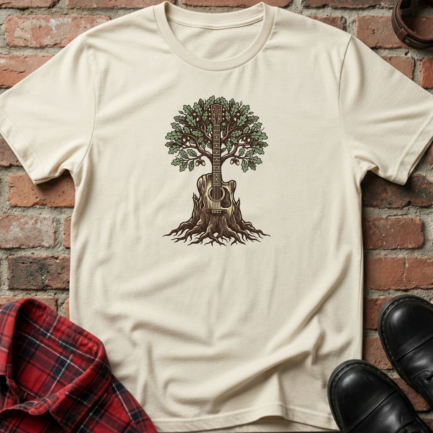 Beige t-shirt with a tree and guitar design on a brick wall background. Minimalist music apparel by pemuyo.