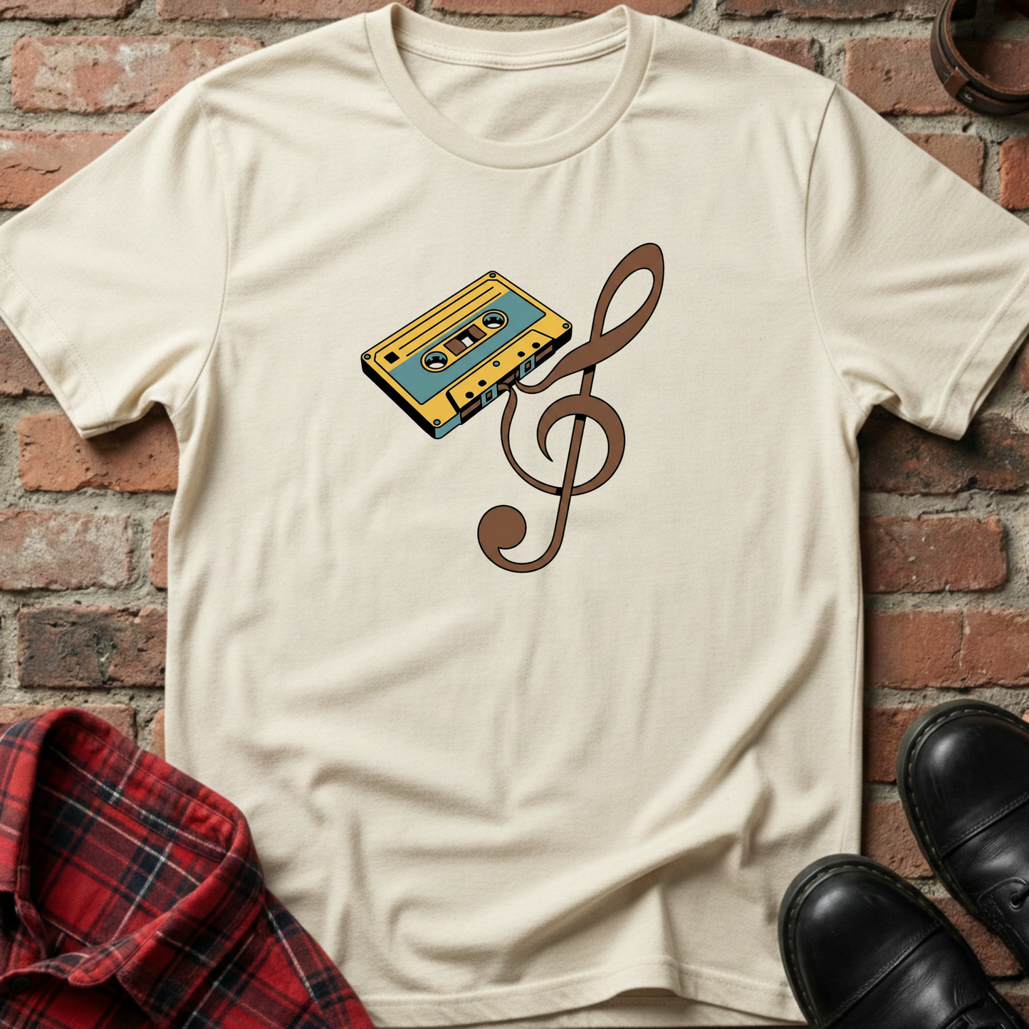 Beige t-shirt with a cassette tape and treble clef design against a brick wall. Minimalist music apparel by pemuyo.
