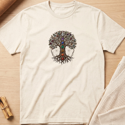 An off-white short-sleeve t-shirt with a central graphic of a tree of life with colorful chakras and dreamcatchers, styled flat on a light wood background with a knit blanket and small wooden sticks. Minimalist yoga apparel by pemuyo.