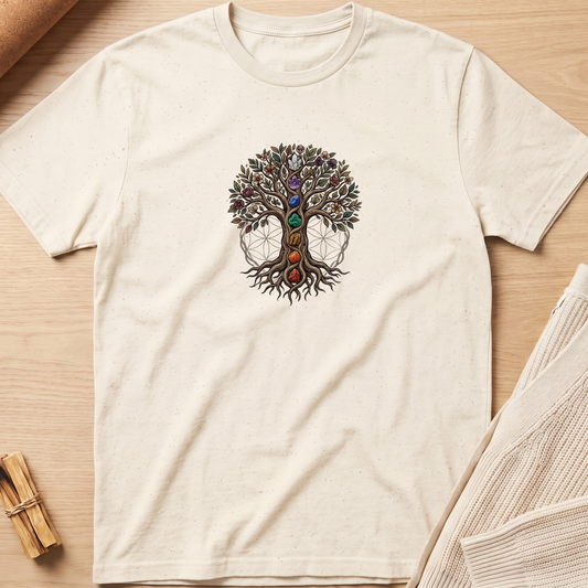 An off-white short-sleeve t-shirt with a central graphic of a tree of life with colorful chakras and dreamcatchers, styled flat on a light wood background with a knit blanket and small wooden sticks. Minimalist yoga apparel by pemuyo.