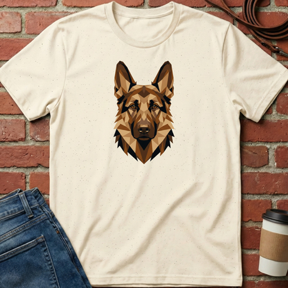 Beige t-shirt with geometric dog design on a brick wall background. Minimalist dog apparel by pemuyo.