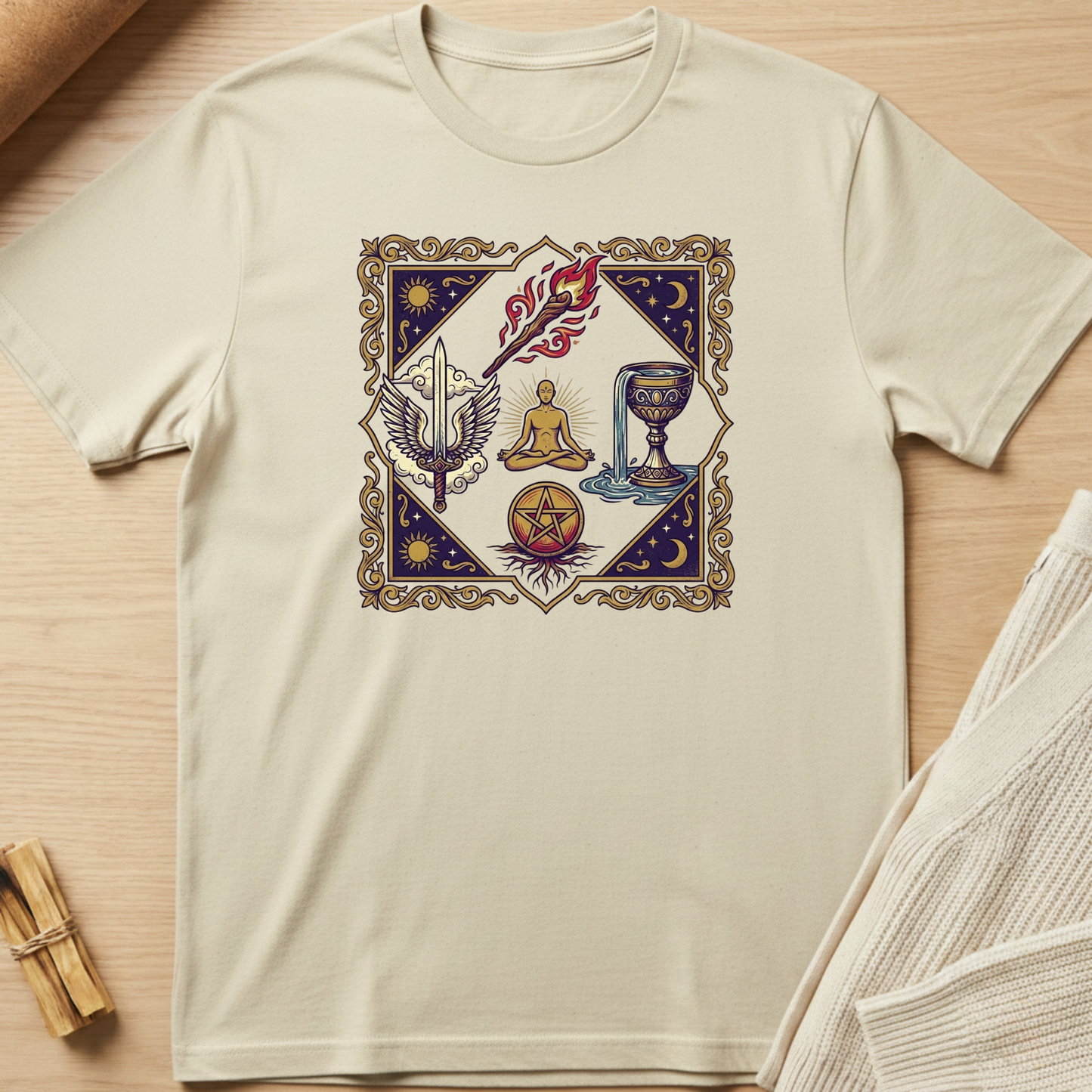 Beige t-shirt with a colorful graphic design on a wooden surface. Minimalist yoga apparel by pemuyo.
