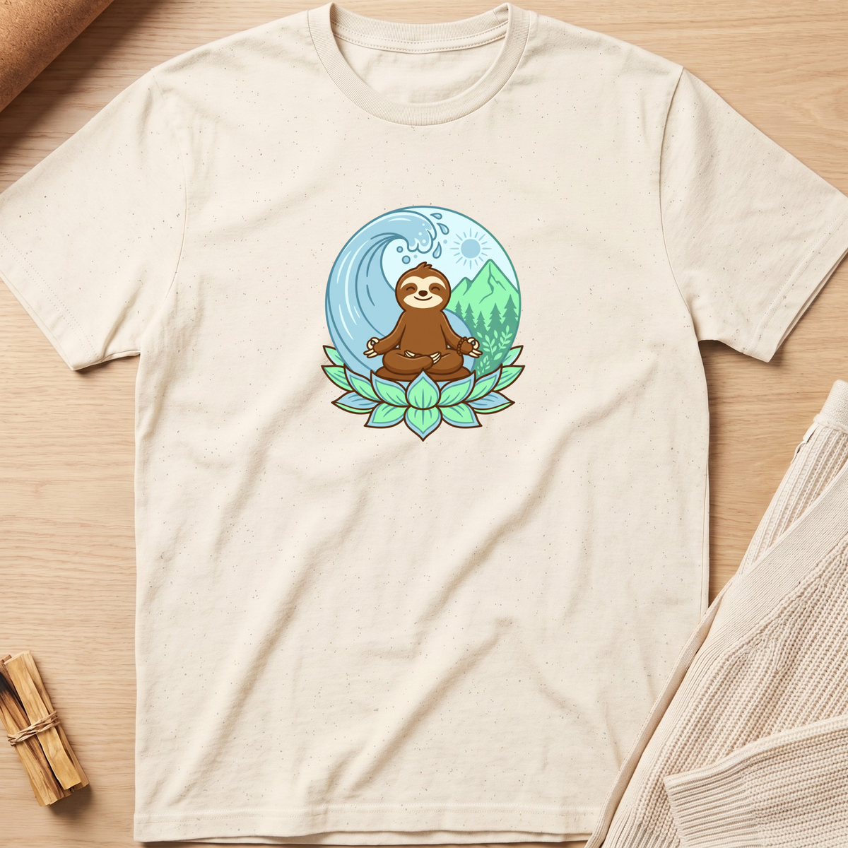 An off-white short-sleeve t-shirt with a colorful graphic of a brown sloth meditating on a lotus flower against a blue wave and green mountain background, laid flat on a light wood surface. Minimalist yoga apparel by pemuyo.