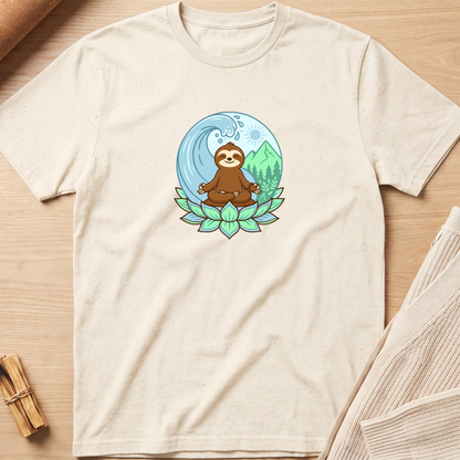 An off-white short-sleeve t-shirt with a colorful graphic of a brown sloth meditating on a lotus flower against a blue wave and green mountain background, laid flat on a light wood surface. Minimalist yoga apparel by pemuyo.