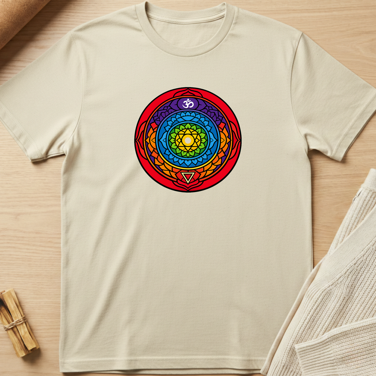 Beige t-shirt with a colorful mandala design on a wooden surface. Minimalist yoga apparel by pemuyo.