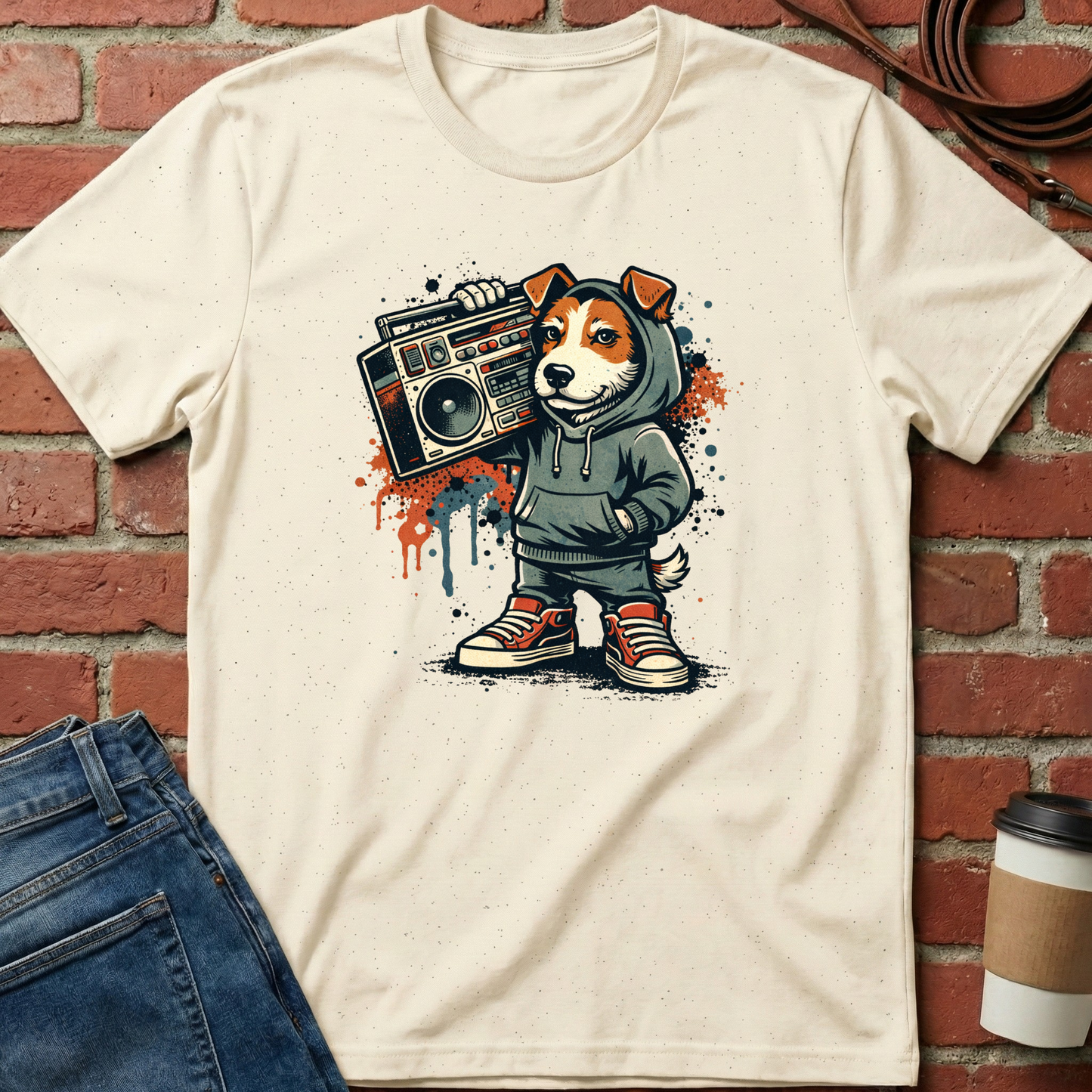 Beige t-shirt with a graphic of a dog in a hoodie holding a boombox against a brick wall. Minimalist dog apparel by pemuyo.