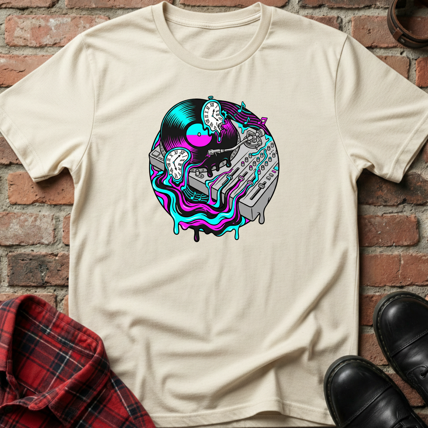 Beige t-shirt with a colorful graphic design on a brick wall background. Minimalist music apparel by pemuyo.