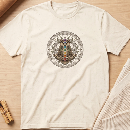 An off-white short-sleeve t-shirt with a detailed graphic of a meditating owl inside a circular emblem featuring the seven chakras, laid flat on a light wood background. Minimalist yoga apparel by pemuyo.