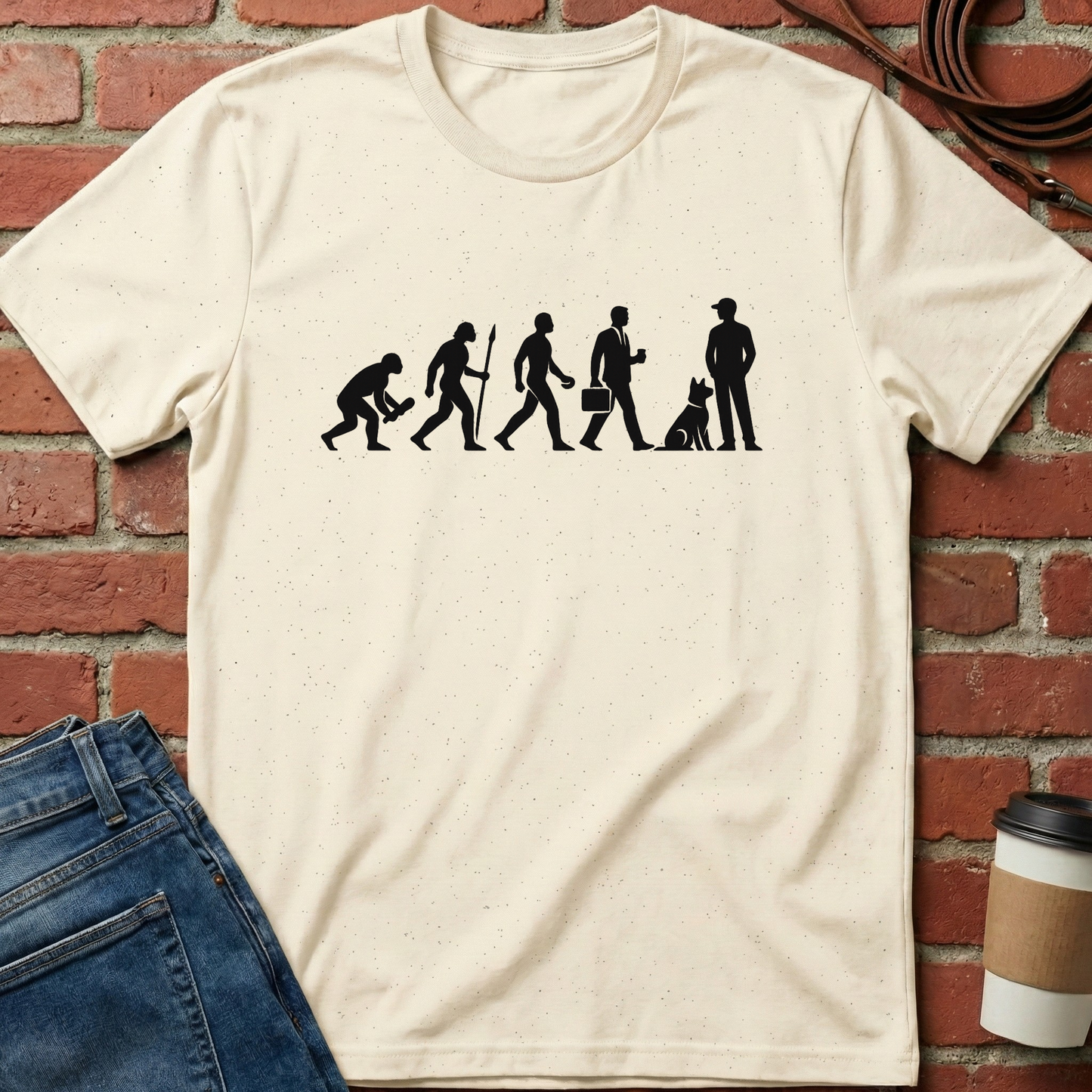 Beige t-shirt with black graphic design on a brick wall background. Minimalist dog apparel by pemuyo.