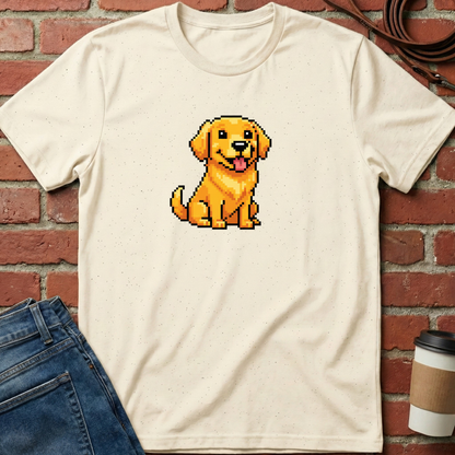 Beige t-shirt with pixelated dog graphic on a brick wall background. Minimalist dog apparel by pemuyo.