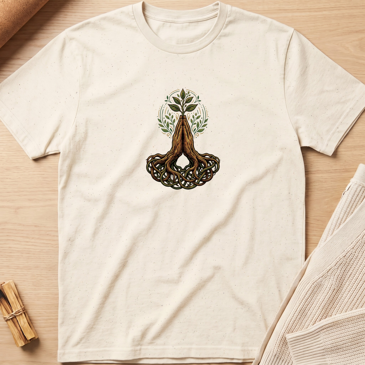 An off-white short-sleeve t-shirt with a central graphic of a meditating tree, laid flat on a light wood background with styled props. Minimalist yoga apparel by pemuyo.