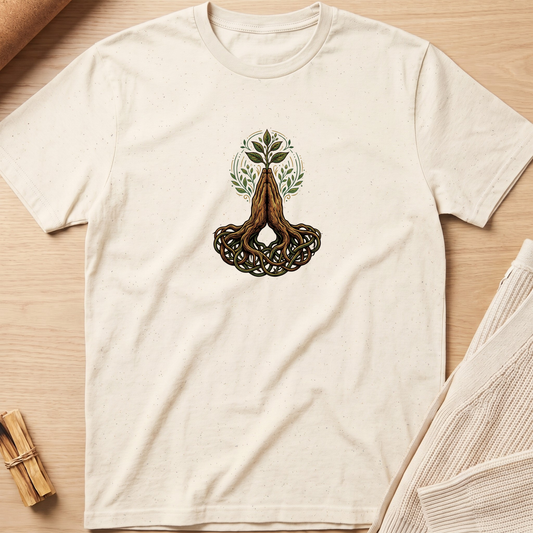 An off-white short-sleeve t-shirt with a central graphic of a meditating tree, laid flat on a light wood background with styled props. Minimalist yoga apparel by pemuyo.