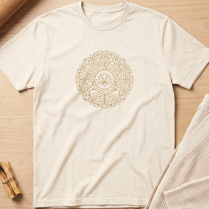 An off-white short-sleeve t-shirt with a pastel lotus flower graphic inside concentric circles on the chest, laid flat on a light wood background. Minimalist yoga apparel by pemuyo.