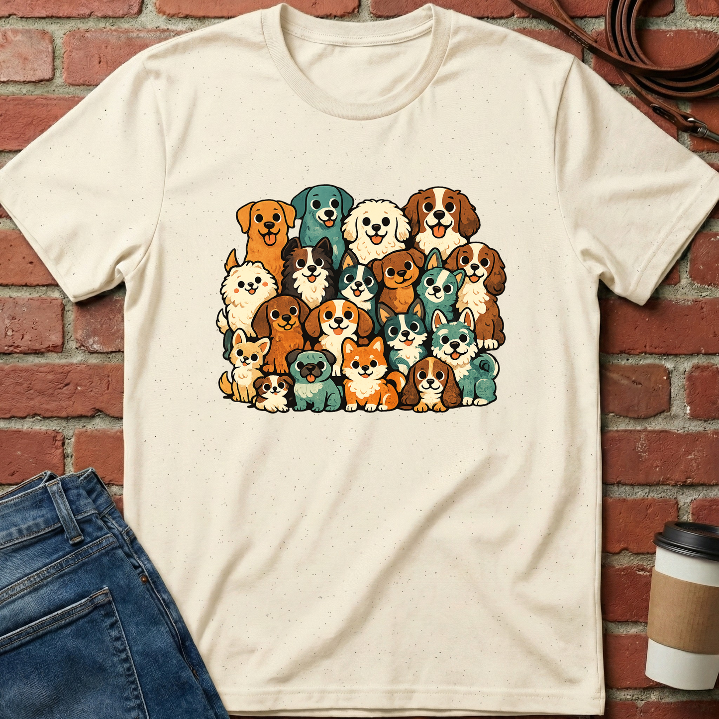 Beige t-shirt with colorful dog illustration on a brick wall background. Minimalist dog apparel by pemuyo.