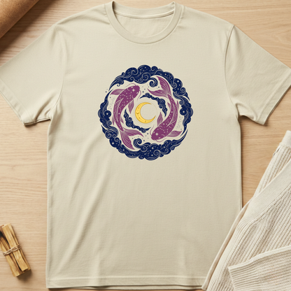 Beige t-shirt with a circular design featuring two dolphins and a moon on a wooden surface. Minimalist yoga apparel by pemuyo.