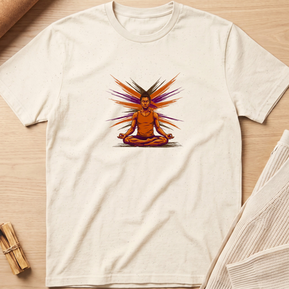 An off-white short-sleeve t-shirt with a colorful graphic of a meditating figure surrounded by radiating orange, purple, and red lines, laid flat on a light wood background. Minimalist yoga apparel by pemuyo.