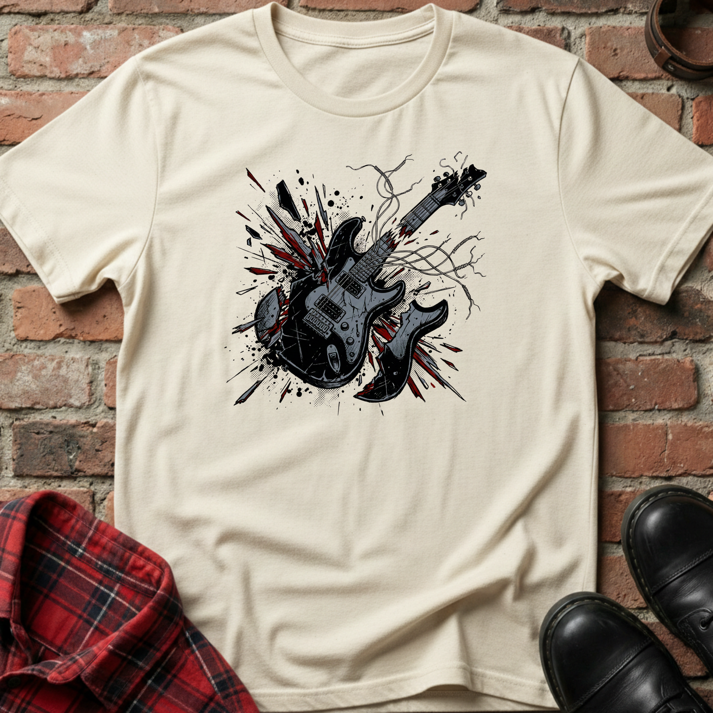 Beige t-shirt with black guitar graphic on a brick wall background. Minimalist music apparel by pemuyo.