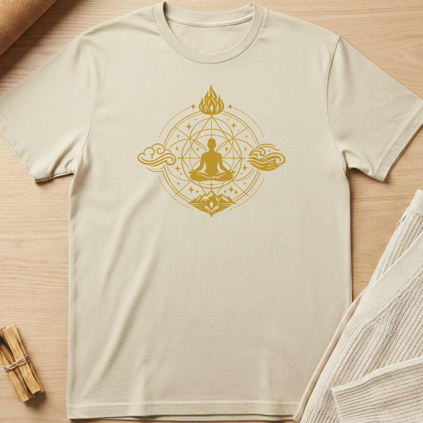 Beige t-shirt with a gold Buddha design on a wooden surface. Minimalist yoga apparel by pemuyo.