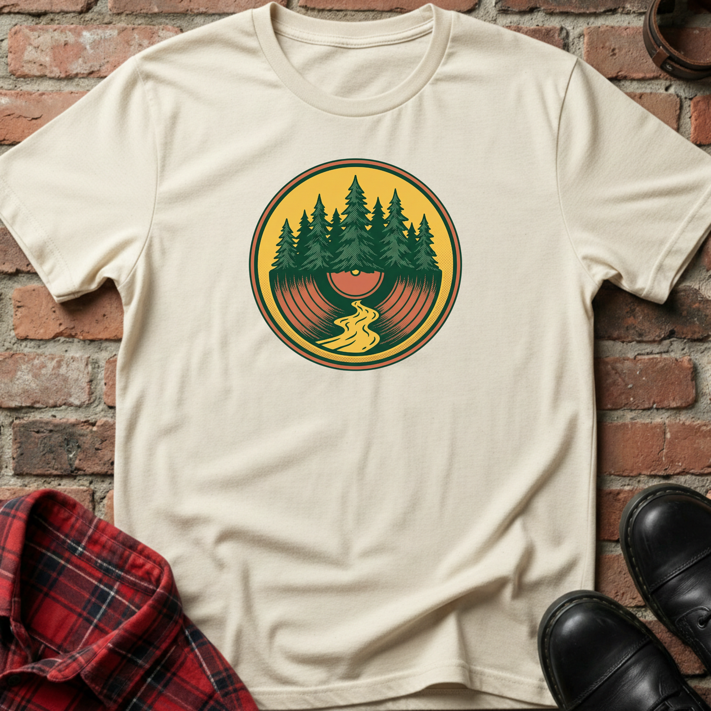 Beige t-shirt with a graphic design of trees and a record player on a brick background. Minimalist music apparel by pemuyo.