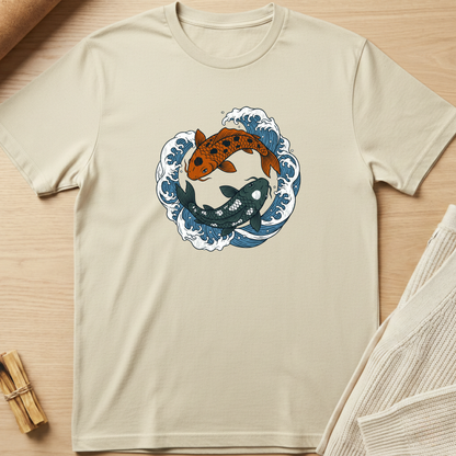 Beige t-shirt with koi fish design on a wooden surface. Minimalist yoga apparel by pemuyo.