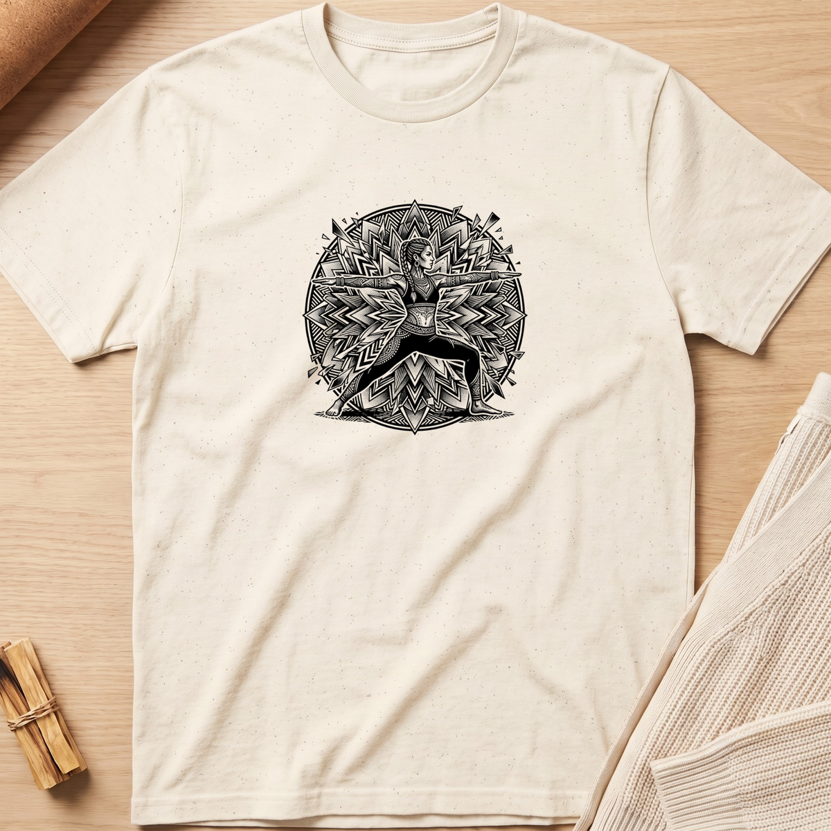 An off-white short-sleeve t-shirt with a black circular graphic of a deer surrounded by geometric patterns, laid flat on a light wood background. Minimalist yoga apparel by pemuyo.