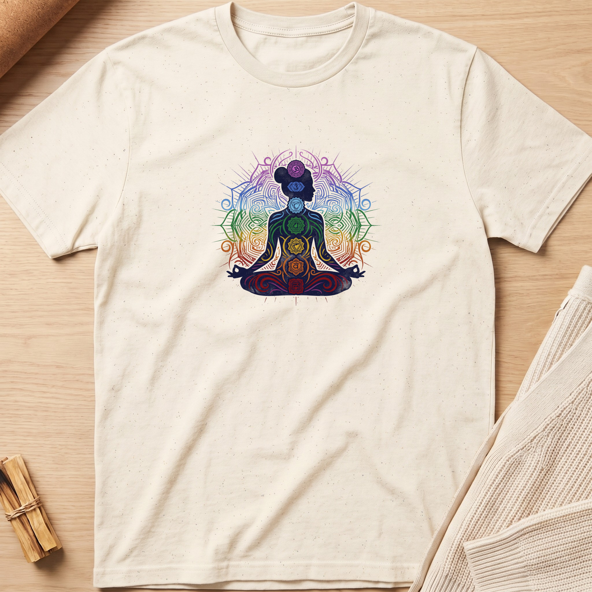 An off-white short-sleeve t-shirt with a colorful chakra graphic of a meditating figure, laid flat on a light wood background with a small bundle of incense and a folded knit fabric nearby. Minimalist yoga apparel by pemuyo.