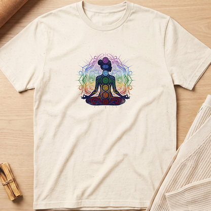 An off-white short-sleeve t-shirt with a colorful chakra graphic of a meditating figure, laid flat on a light wood background with a small bundle of incense and a folded knit fabric nearby. Minimalist yoga apparel by pemuyo.
