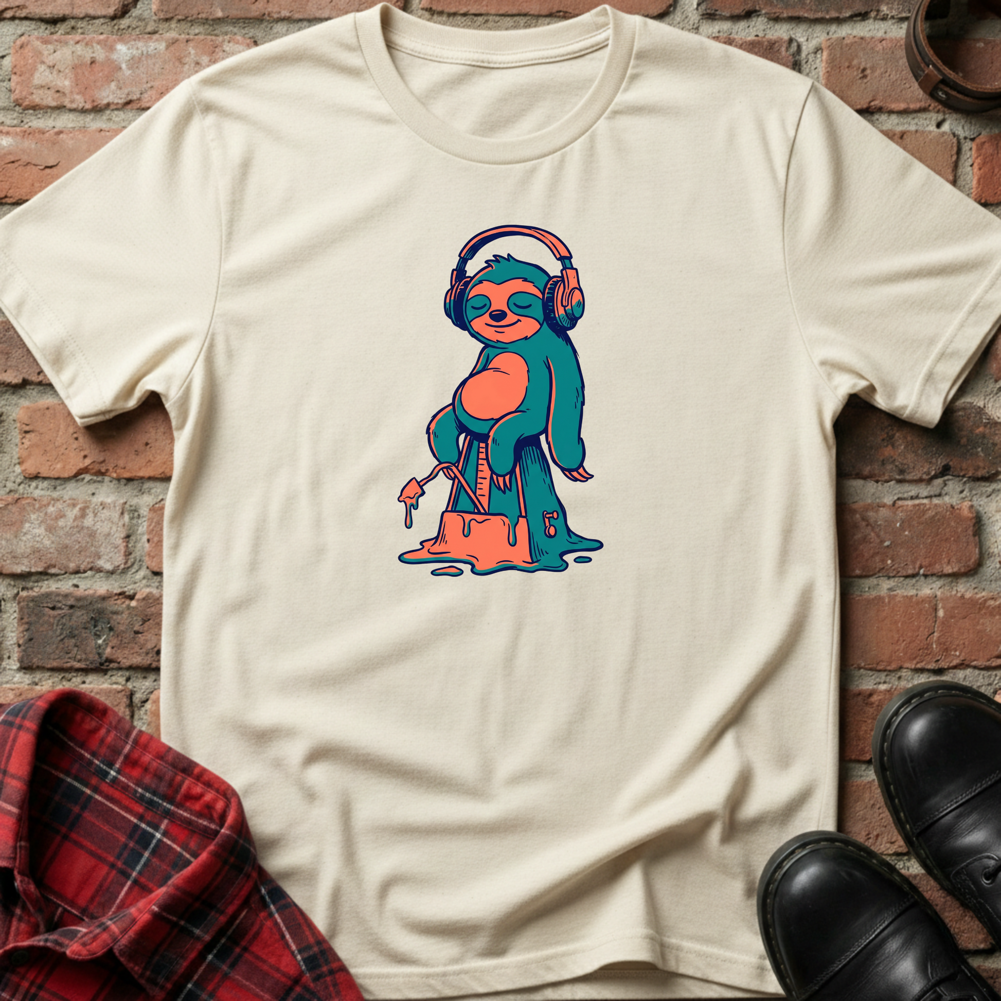 Beige t-shirt with a colorful sloth graphic wearing headphones against a brick wall. Minimalist music apparel by pemuyo.